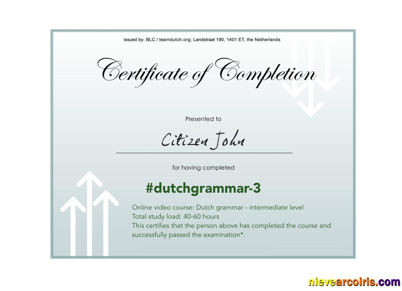 Netherlands language grammar certificate of completion